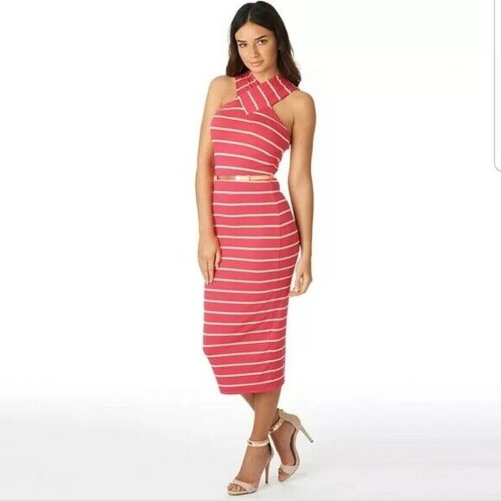 Ted Baker Canna Cross Over Midi Dress Deep Pink Size 3 = US 8 Missing Belt